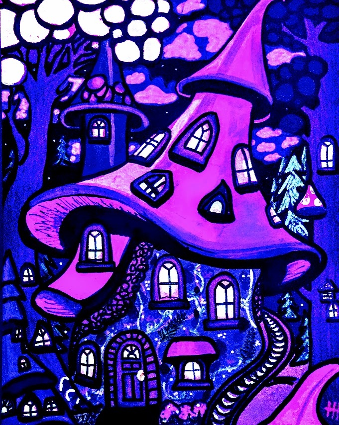 Mushroom House glowing under blacklight