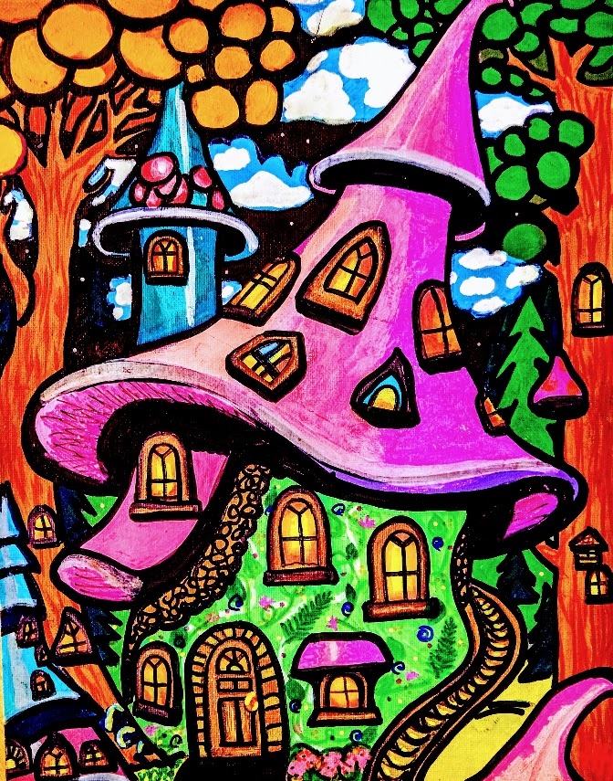 Mushroom House original painting in daylight